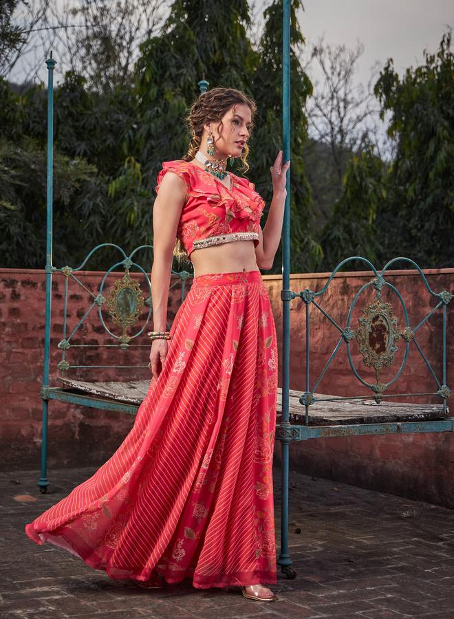 SASSAFRAS Women Pink Floral Frill Neck Crop Top with Anarkali Skirt Set - Image 3